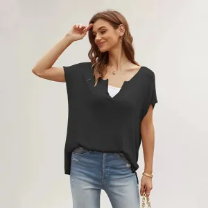 Color Slit Loose Large Size Pullover Spring Women's Short Sleeve V-neck Sweater T-shirt