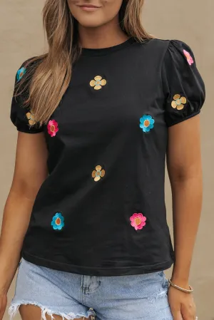 Embroidered Flower Puff Sleeve Tee