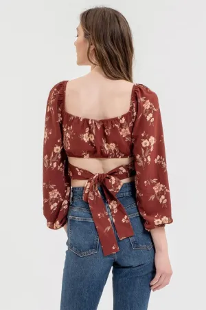 NATALIE FLORAL LONG SLEEVE BACK TIE CORSET CROP TOP