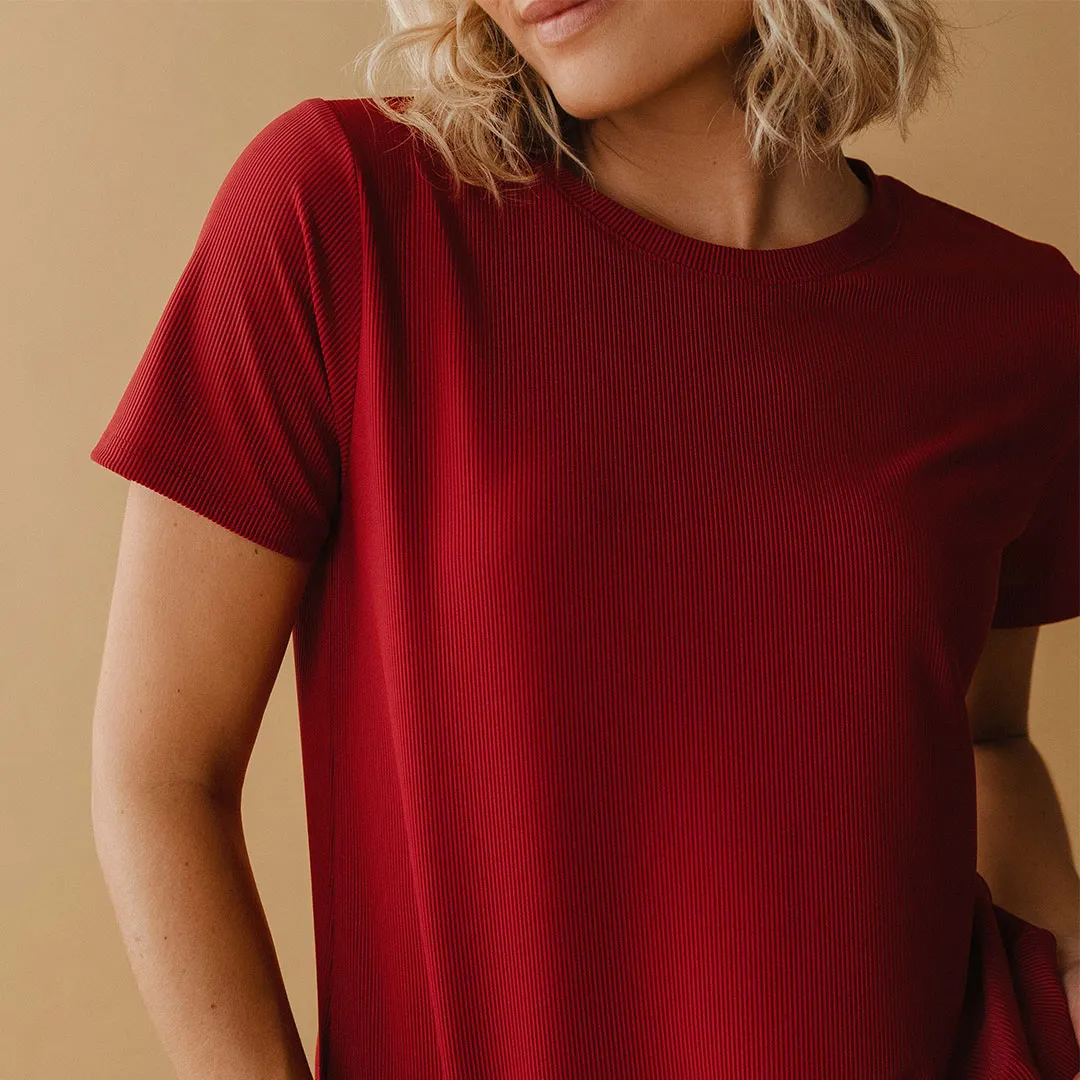 Ribbed Basic Crew Neck Tee, Burgundy