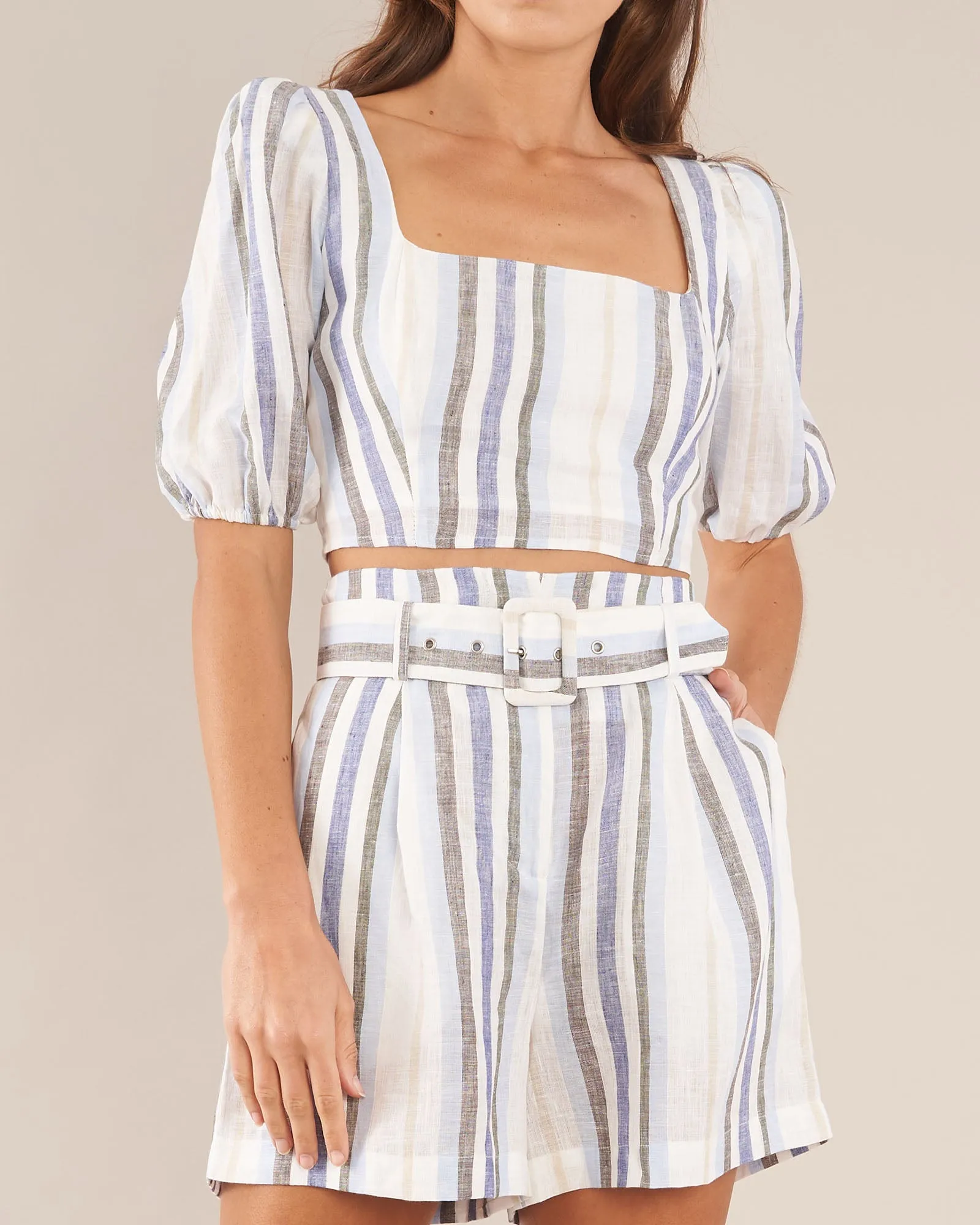 Zanci Stripe Linen Crop Top - Blue